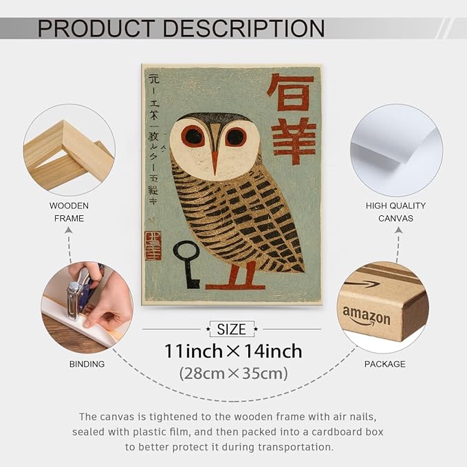 Vintage Japanese Framed Wall Art Owl Poster Mid Century Animal Print 11x14in - Image 2