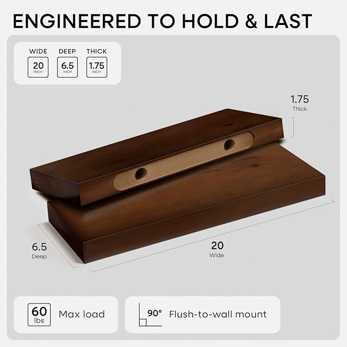 Homeforia Walnut 20 inch Floating Shelf, High End Solid Real Wood 20inch - Image 2