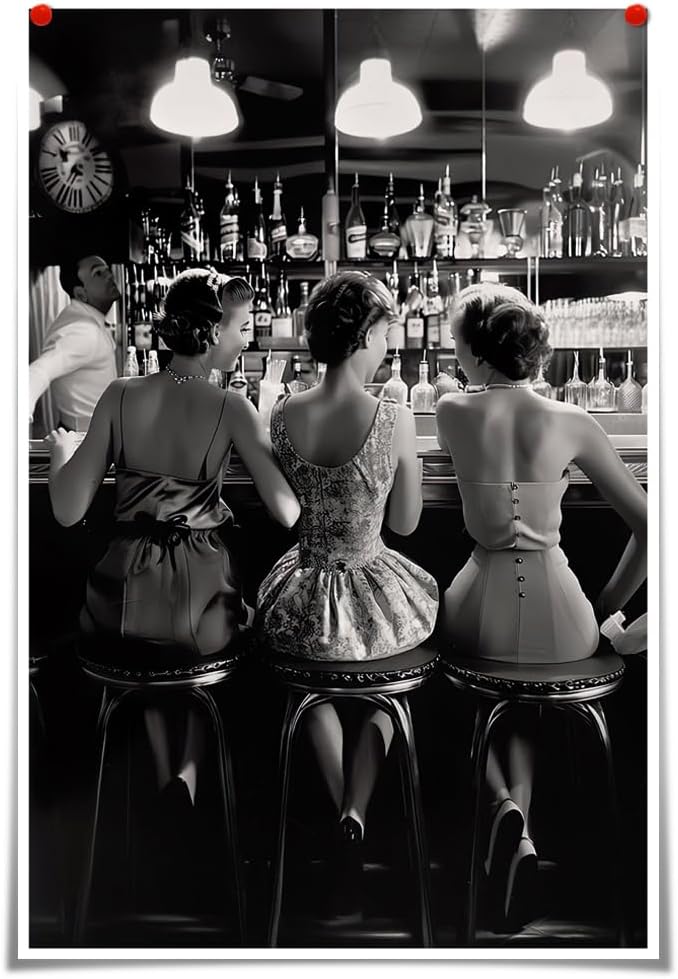 Vintage Black and White Posters Trendy Women Drink Cocktail Wall Art Funky - Image 2