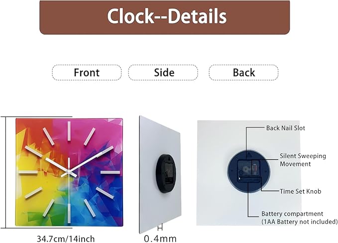 Square Glass Wall Clock Silent Analog Wall Clocks Battery Operated 14 Inch - Image 8