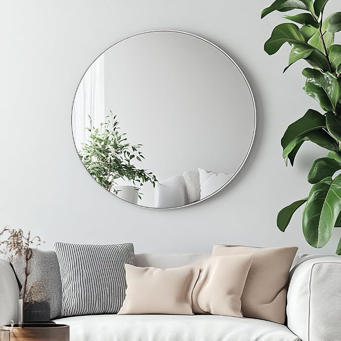 Oruii Silver Round Mirror, Round Mirror 24 inch Brushed Nickel, Circle Wall - Image 6