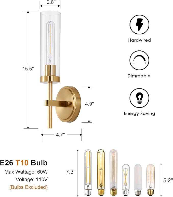 Hardwired Gold Wall Sconces Set of 2, Modern Bathroom Sconces Wall Lighting - Image 5