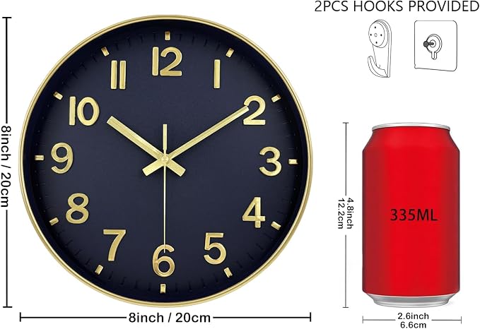 Wall Clock, 8 Inch Wall Clocks Battery Operated, Modern Non Ticking Silent - Image 3