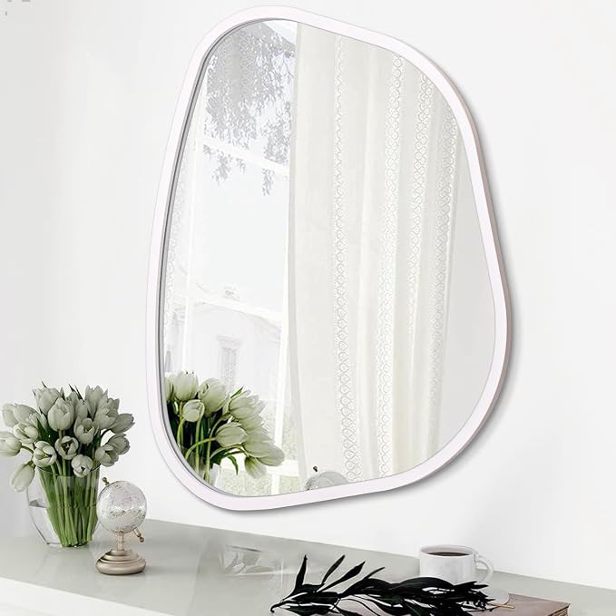Irregular Oval Wall Mirror Large White 20"x16" Inches Asymmetrical Mirror by HLFMVWE