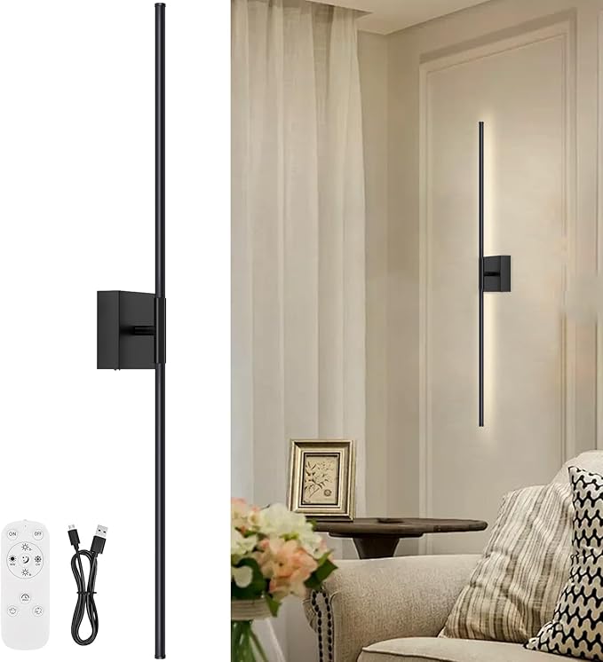 Battery Operated Wall Sconce, 3000K-6000K Dimmable Black Wall Lights by JZEKVN