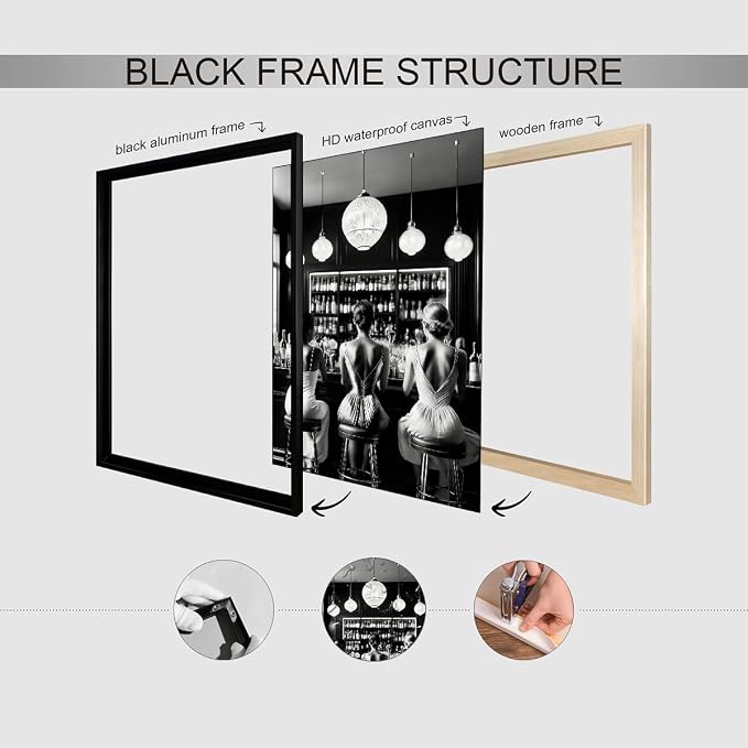 Vintage Black and White Black Framed Wall Art Trendy Women Drink Cocktail - Image 3