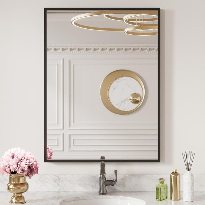 LOAAO 20"X30" Black Rectangle Bathroom Mirror Wall, Matte Black Aluminum Alloy by LOAAO