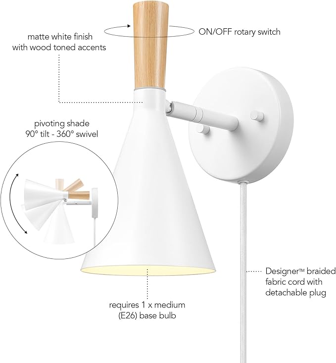Globe Electric 65000147 1-Light Plug-in or Hardwire Wall Sconce, Matte White - Image 8