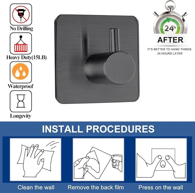 Fotosnow Black Adhesive Towel Hooks Heavy Duty Stick on Wall Hooks Shower Hooks - Image 6