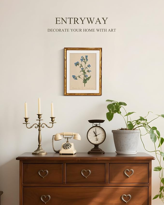InSimSea Gold Bamboo Framed Canvas Wall Art, Retro Blue Myosotis Botanical - Image 6