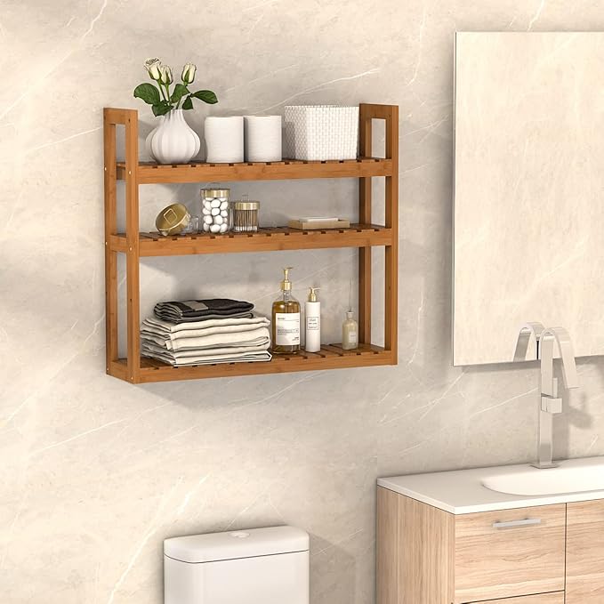 Domax Bamboo Bathroom Shelf 3-Tier Wall Mount Storage Rack Multifunctional - Image 2