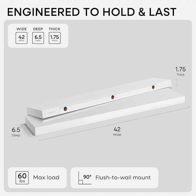 Homeforia White Floating Shelves 42 inch, High End Solid Real Wood 42inch - Image 2
