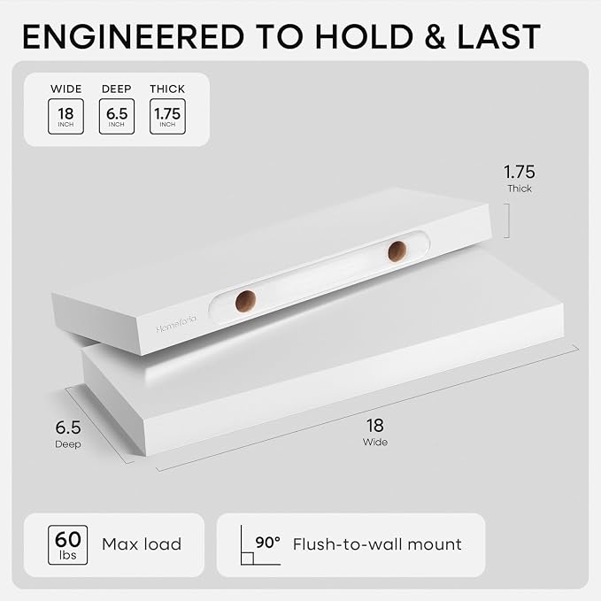 Homeforia White Floating Shelf 18 inch, High End Solid Real Wood 18inch - Image 2
