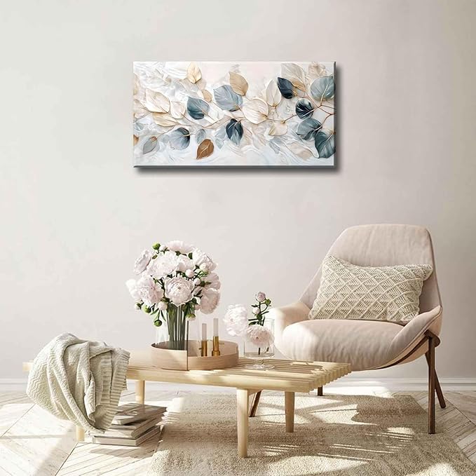 Large Living Eucalyptus Leaf Canvas Wall Art Teal White Botanical Abstract - Image 4