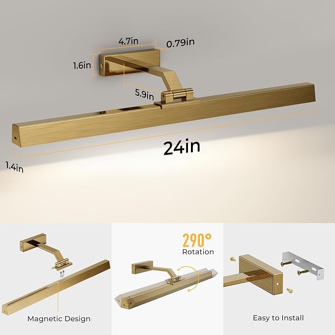 Afyuol Picture Lights for Wall, Brass Battery Operated Picture Light 24in Art - Image 6