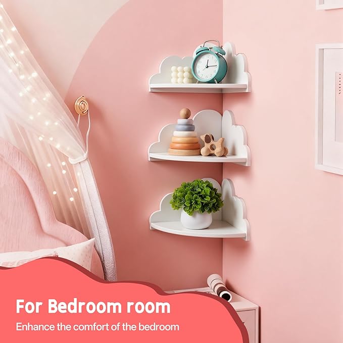 Cloud Corner Floating Shelves，Set of 3 White Corner Wall Shelf Floating Wooden - Image 4