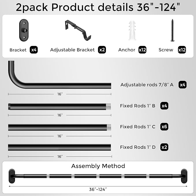 2 Pack Curtain Rods 36-120 Inch, Living Room, Sliding Door - Image 7