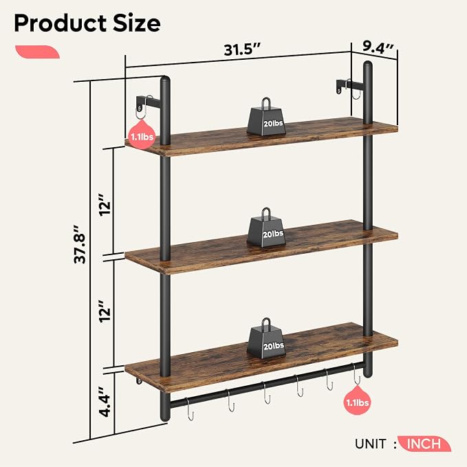Bestier 3 Tier Industrial Pipe Shelving, Floating Book Shelves - Image 2