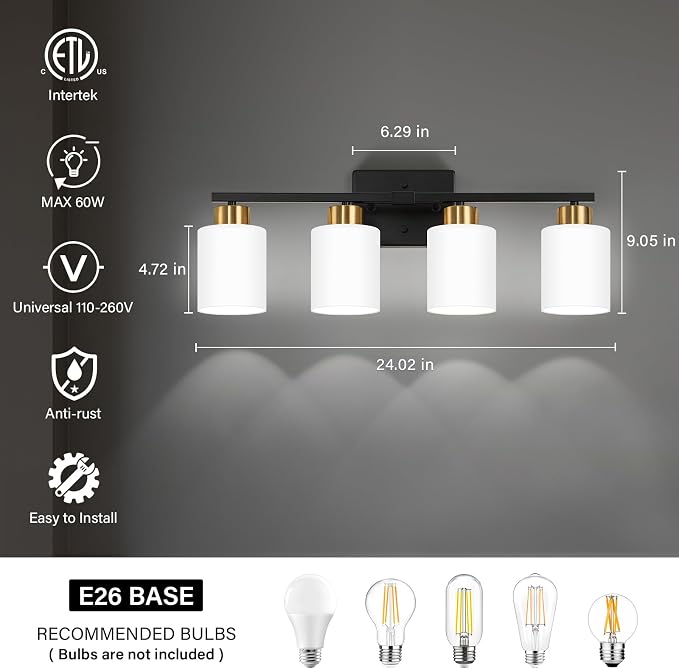 FonmYim Black and Gold Bathroom Light Fixtures, 4-Light Modern Vanity Light - Image 2