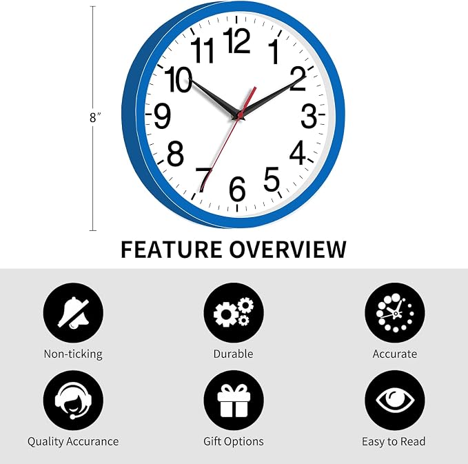 Rohioue Wall Clock Modern 8 Inch Battery Operated Silent Non Ticking Small - Image 3