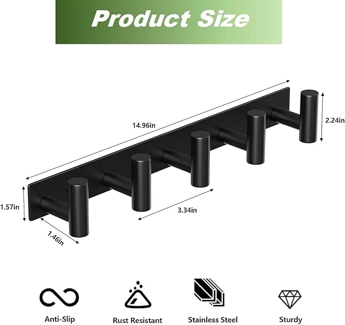 Wall Mounted Coat Rack-5 Hooks, Heavy Duty Stainless Steel Hook Rail - Image 2