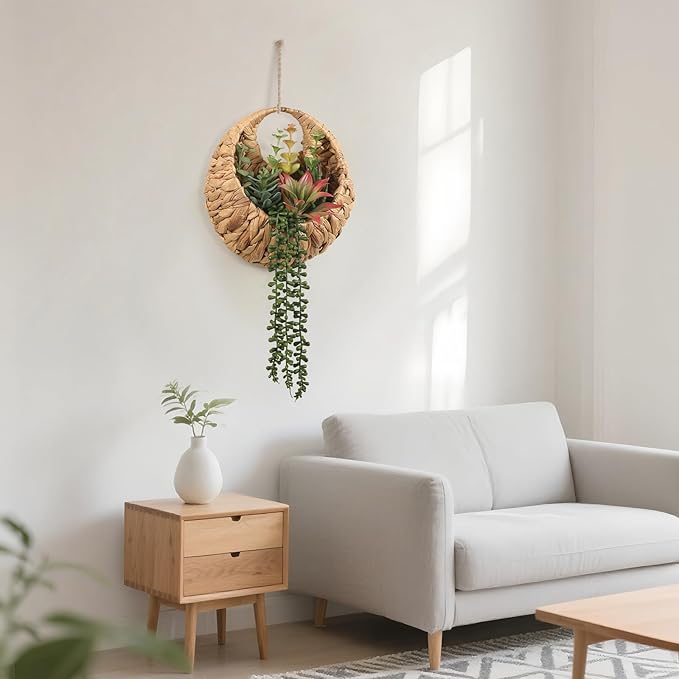 Fake Plants Hanging Artificial Succulents Plants in Woven Basket, Faux String - Image 4