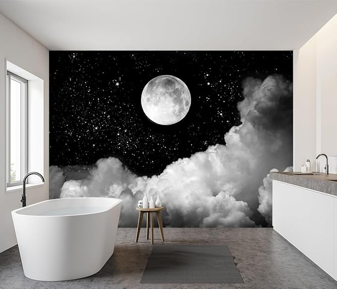 -Gray Galaxy Universe Moon Fabric Wallpaper Ceiling Starry Night White Clouds - Image 3