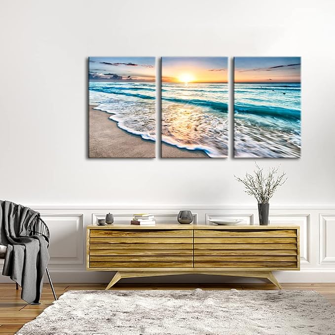 Wieco Art 3 Panels Blue Beach Sunrise White Wave Pictures on Canvas Wall Art - Image 9