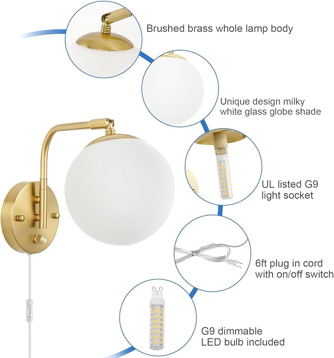 VATONI Wall Sconces Plug in, Dimmable Swing Arm Wall Lights - Image 4