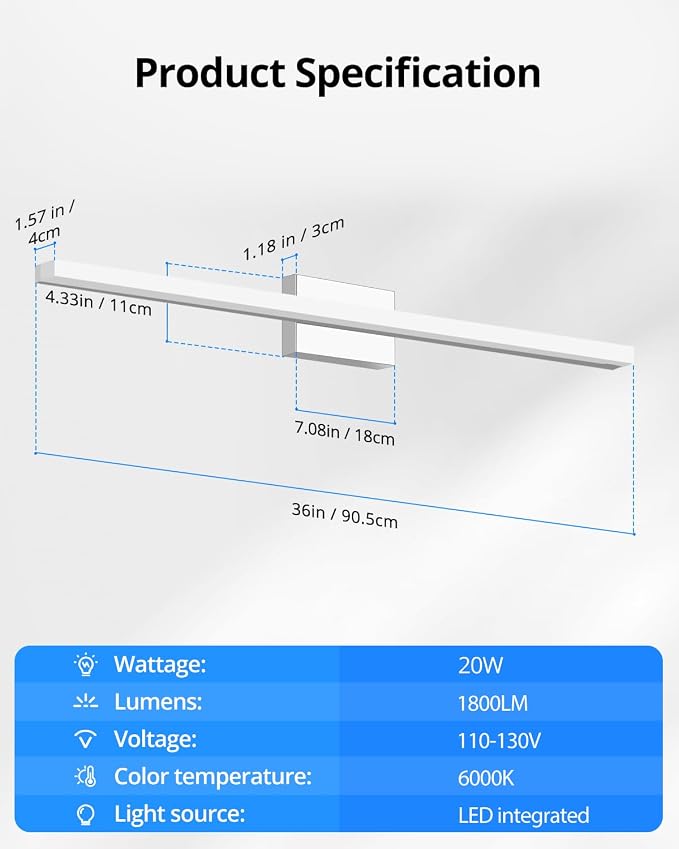 Combuh LED Vanity Lights Bar 36 Inch, 20W Bathroom Light Fixtures Over Mirror - Image 7
