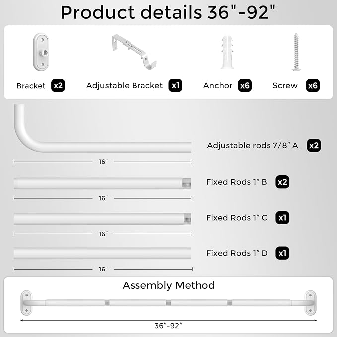 Curtain Rods 36-88 Inch, 1 Inch Adjustable Heavy Duty Room Darkening Window - Image 7