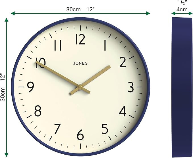 JONES CLOCKS® Studio wall Clock | Modern Round Style | 12 inch | Dark Navy Blue - Image 4