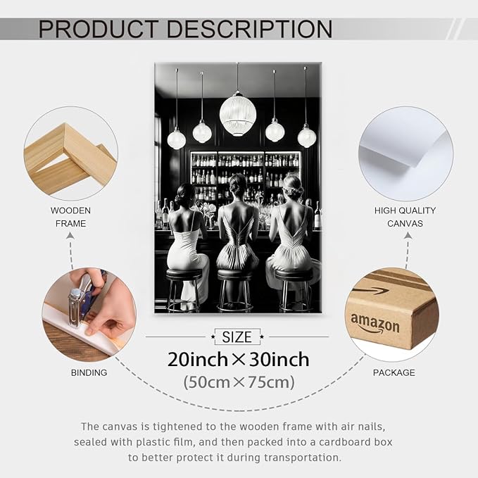 Vintage Black and White Framed Wall Art Trendy Women Drink Cocktail Posters - Image 2