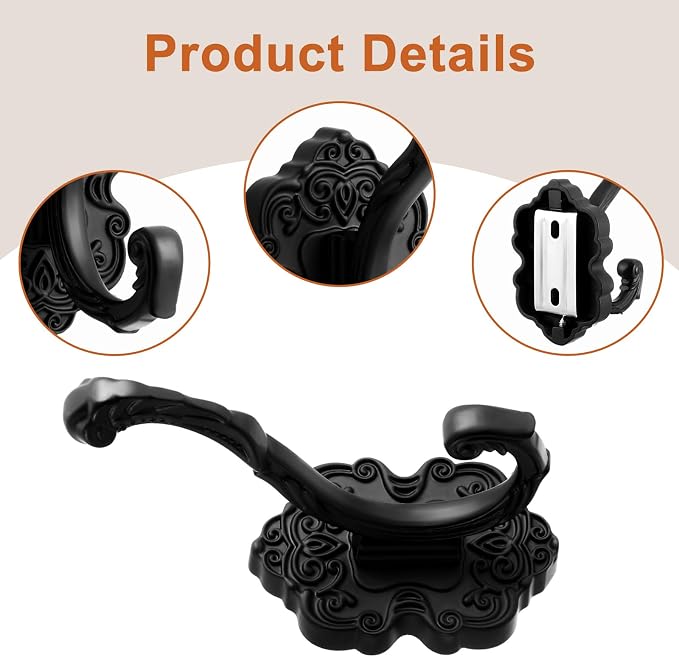 Zonon 8 Pcs Black Wall Hooks Set Vintage Coat & Towel Hooks - Image 3