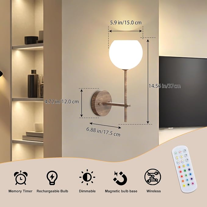 Walnut Grain Battery Operated Wall Sconces Set of 2, Rechargeable Wireless Wall - Image 2