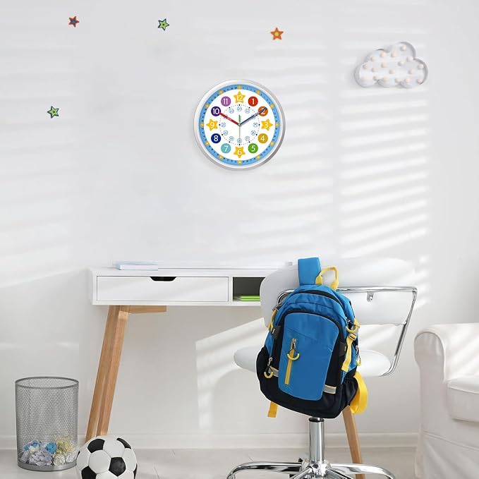 XFM Blue Kids Wall Clock for Boys Bedroom 10 Inch Silent Colorful Teaching Time - Image 4