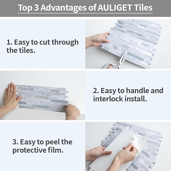 AULIGET 20 Sheets Faux Stone Peel and Stick Backsplash, Light Grey Marble Look - Image 4