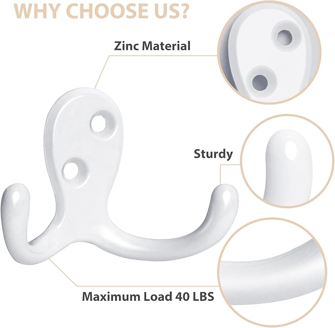 Homanu 34 Pack Coat Hooks, Heavy Duty Double Prong Coat Hooks Wall Mounted - Image 4