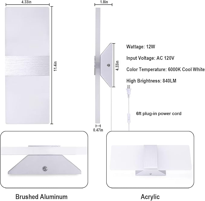 TRLIFE Modern Wall Sconces Set of 2, Wall Sconce Plug in 12W LED 6000K Cool - Image 4