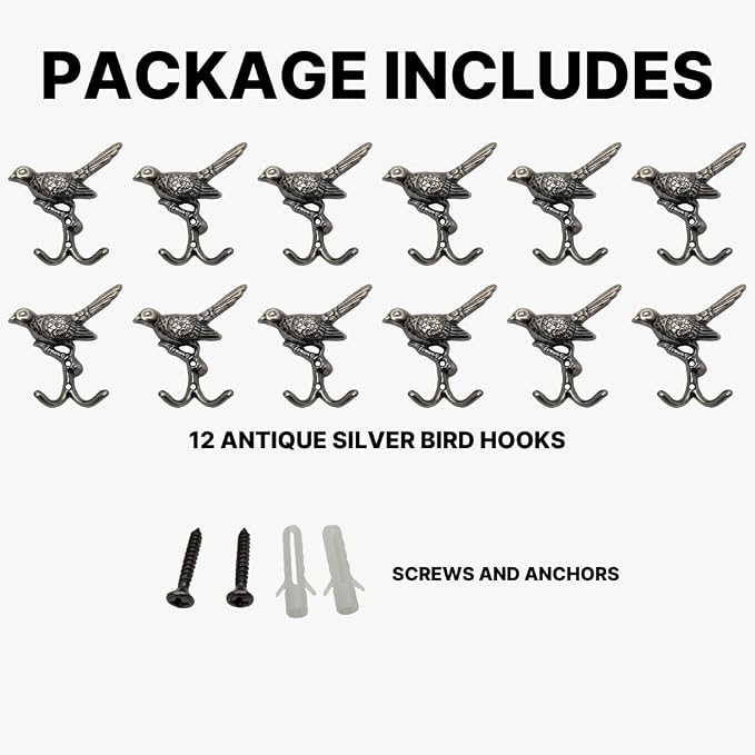 12 pcs Antique Silver Bird Decorative Wall Hooks - Image 4