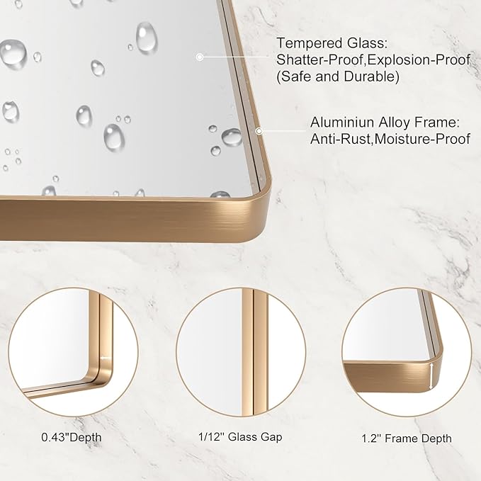 LOAAO 40”X36” Gold Bathroom Mirror, Rounded Rectangle Gold Frame Mirror - Image 4