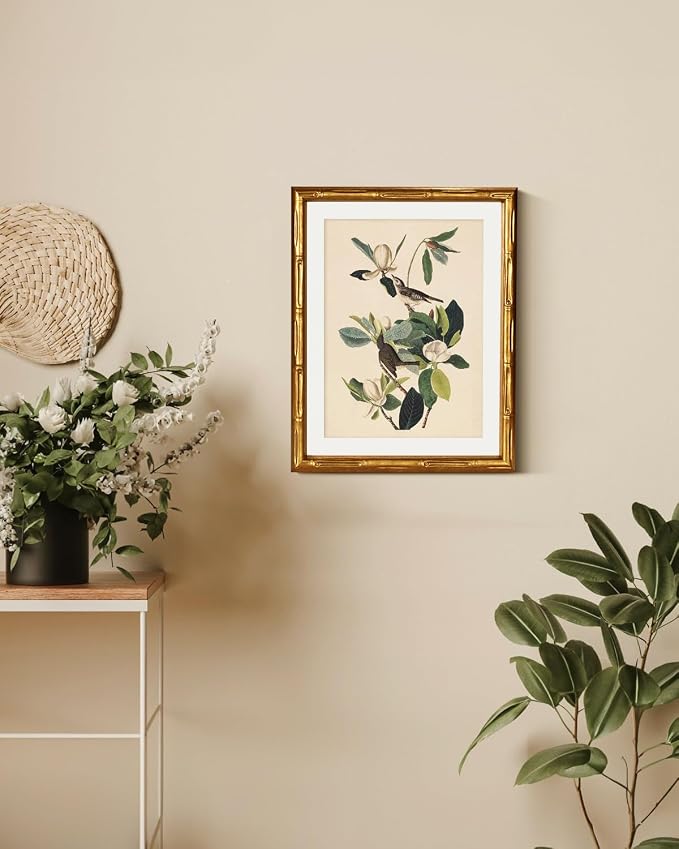 InSimSea Gold Bamboo Framed Canvas Wall Art, Neutral Bird Botanical Paintings - Image 5