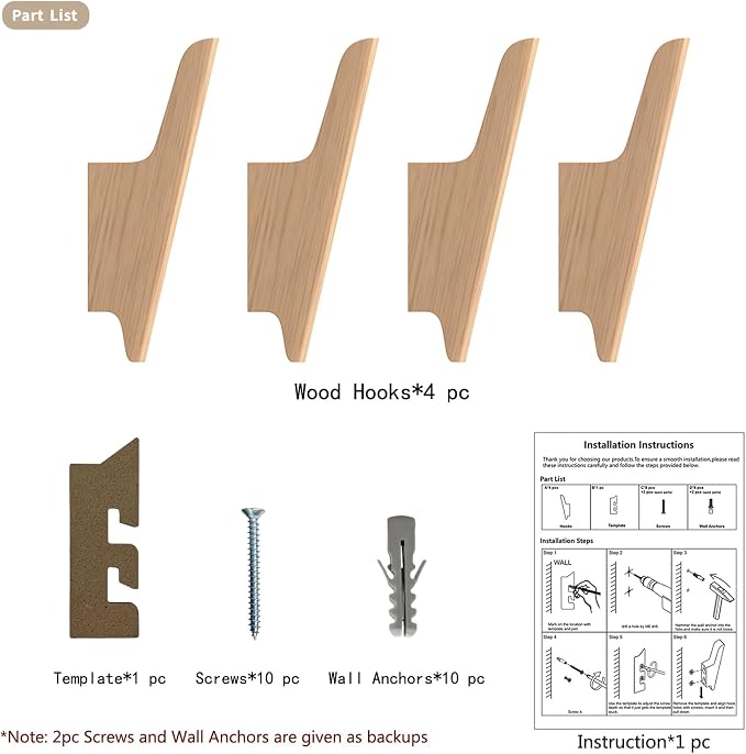 Wood Wall Hooks 4 Pack Coat Hooks Wall Mount Natural Wooden Hooks - Image 9