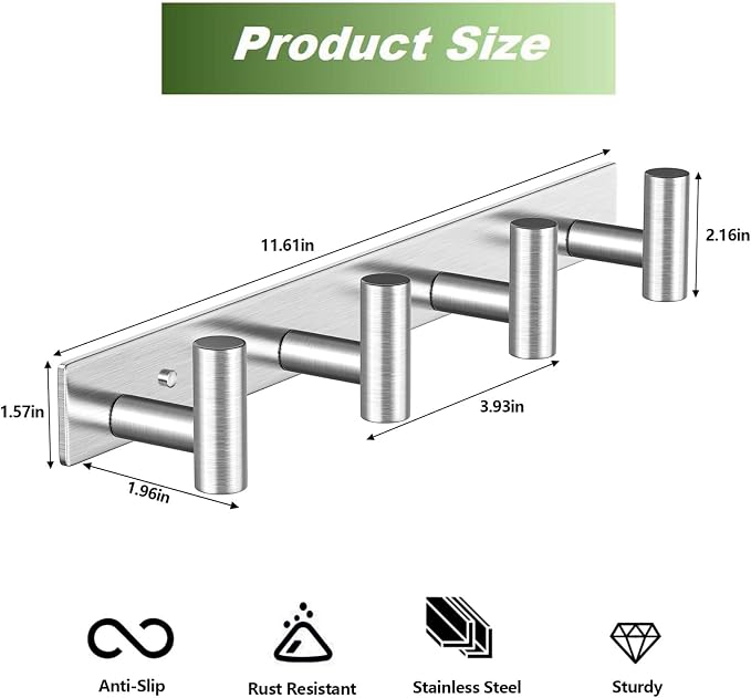 Wall Mounted Coat Rack-4 Hooks, Heavy Duty Stainless Steel Wall Hooks - Image 2