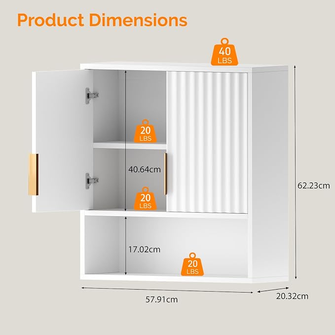 VINGLI White Bathroom Wall Cabinet, Modern Fluted Medicine Cabinet - Image 3