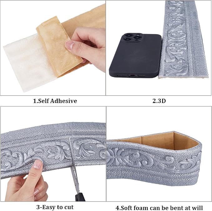 CRASPIRE 82 x 3 Crown Molding Peel and Stick 3D Flexible Foam Wall Trim Silver - Image 6
