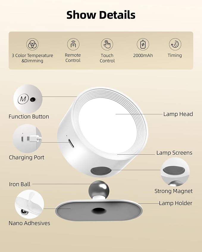 LED Wall Mounted Lights, Rechargeable Wall Sconces Lamp, 3 Color Temps & Remote - Image 7