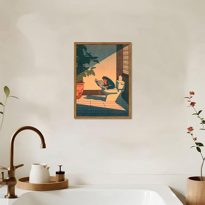 Funny Frog Bathroom Wall Art, Cute Japanese Frog in Toilet Wall Decor, - Image 5