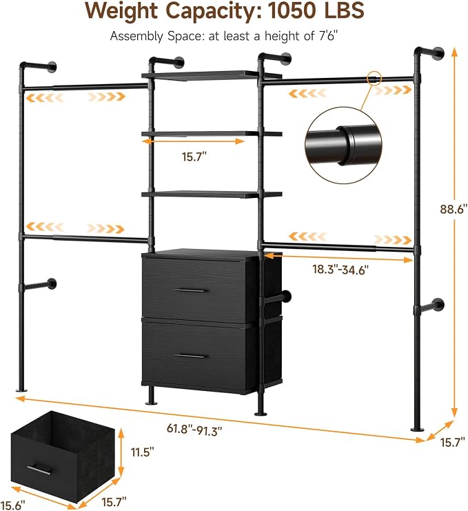 ONBRILL T2 Wall Mounted Industrial Pipe Clothing Rack, Closet Organizers and - Image 2