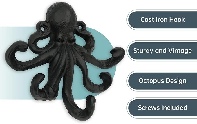 Octopus Cast Iron Wall Hook – Nautical Decorative Key Holder, Coastal Ocean - Image 4